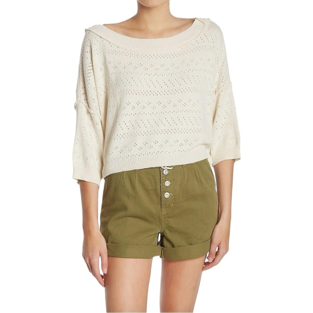 Free People Women's Sand Castle Pullover Cropped Sweater White Sands L